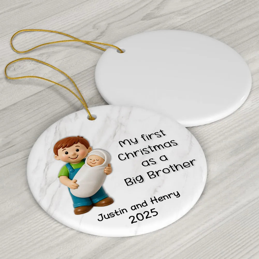 Personalized Big Brother Big Sister Ceramic Ornament celebrating first Christmas as a sibling, round ceramic holiday décor gift