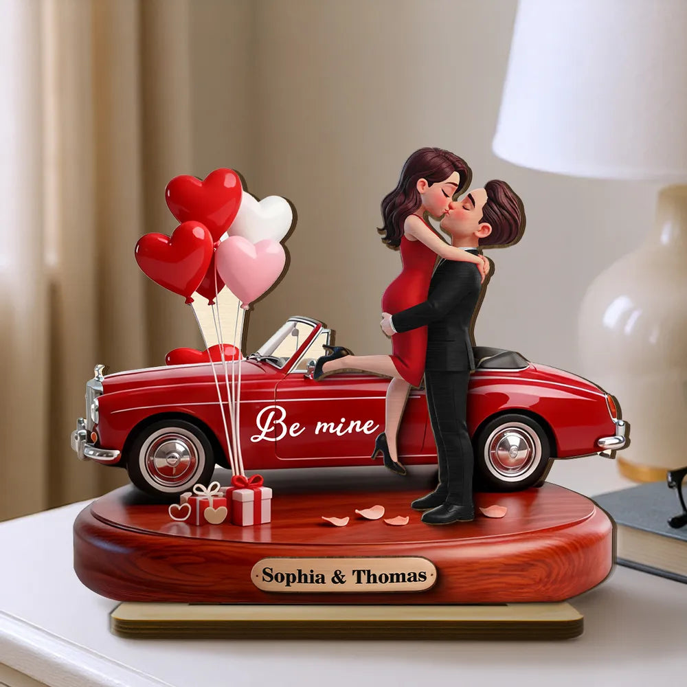 Romantic Personalized Wooden Plaque with Hugging Kissing Couple and Heart Balloons, Sweet Be Mine Gift for Couples and Valentine Decor