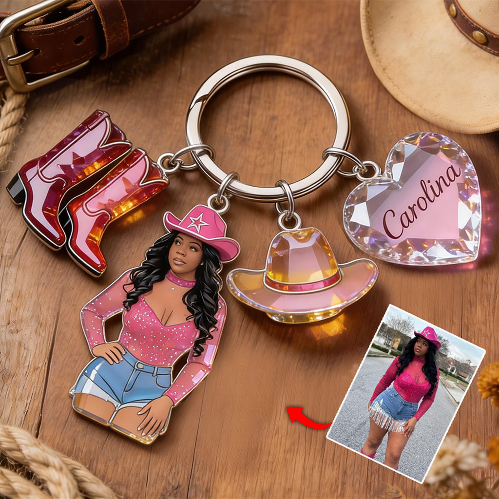 Custom Any Photo Cowgirl Style - Personalized Cowgirl Premium Keychain With Charms