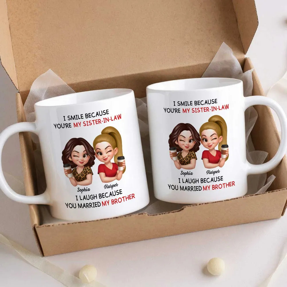 Sister-in-Law Mug with Cute Cartoon Art, playful coffee joke, cozy morning sips, a unique gift for your sister-in-law