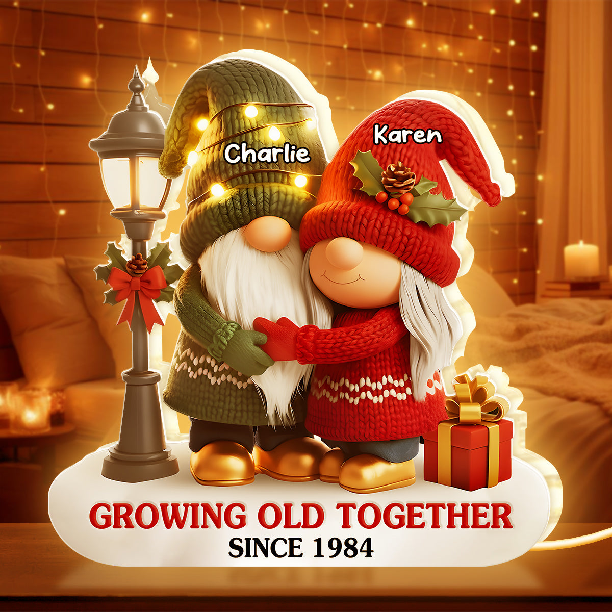 Custom Acrylic Light Box with Hugging Holiday Gnomes, Warm Glow Bedroom Lamp and Keepsake Gift for Partner