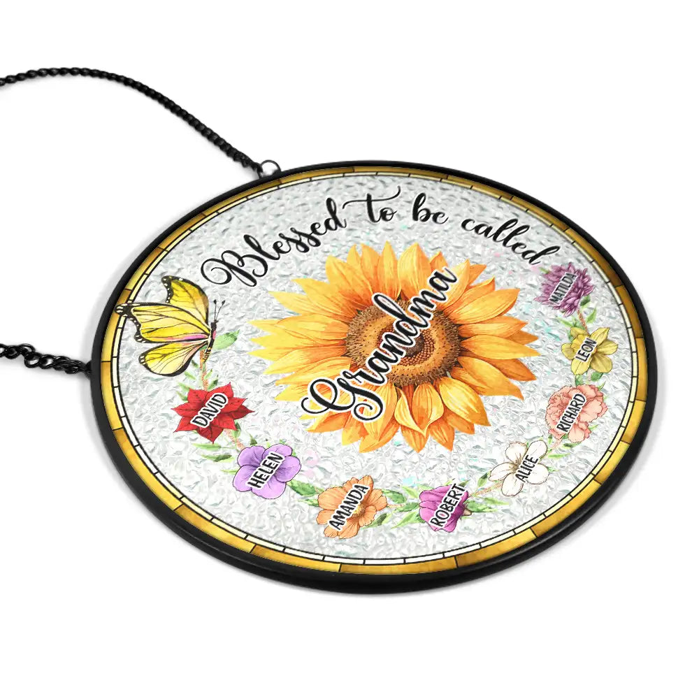 Custom Sunflower Suncatcher Ornament – Personalized Mom or Grandma Gift with Grandkids' Names & Flowers