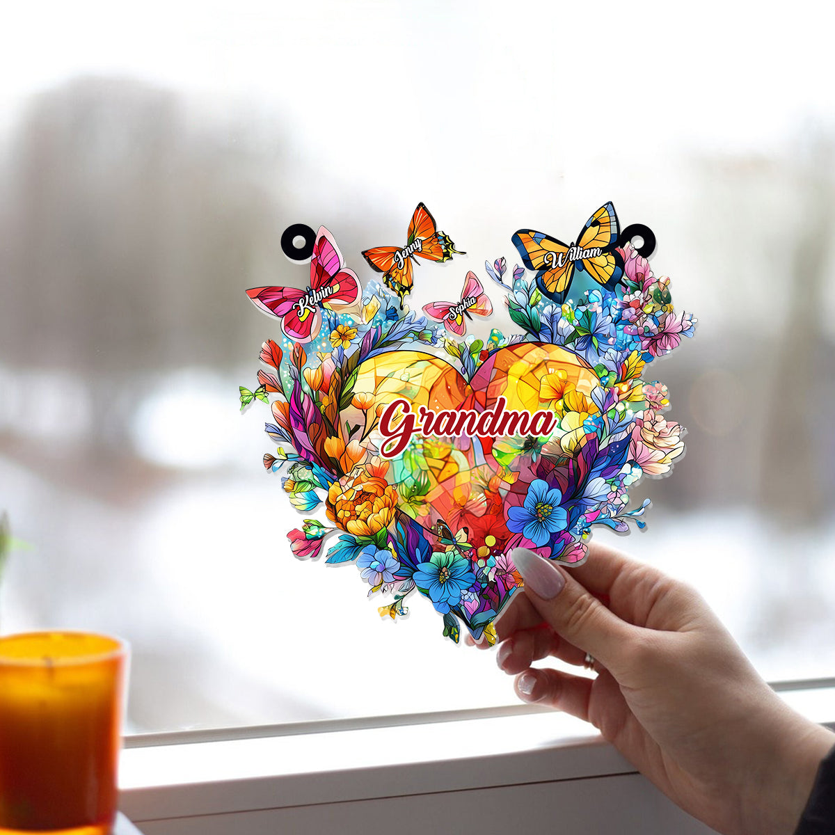 Grandma Mom Flower Heart And Butterflies - Personalized Grandma Window Hanging Suncatcher Ornament