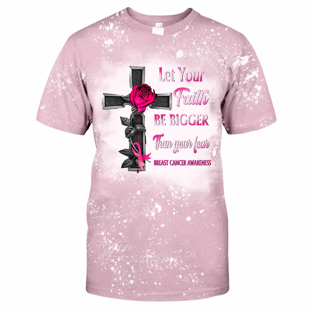 Let Your Faith Be Bigger Than Your Fear - Breast Cancer Awareness Handmade Bleached Shirts