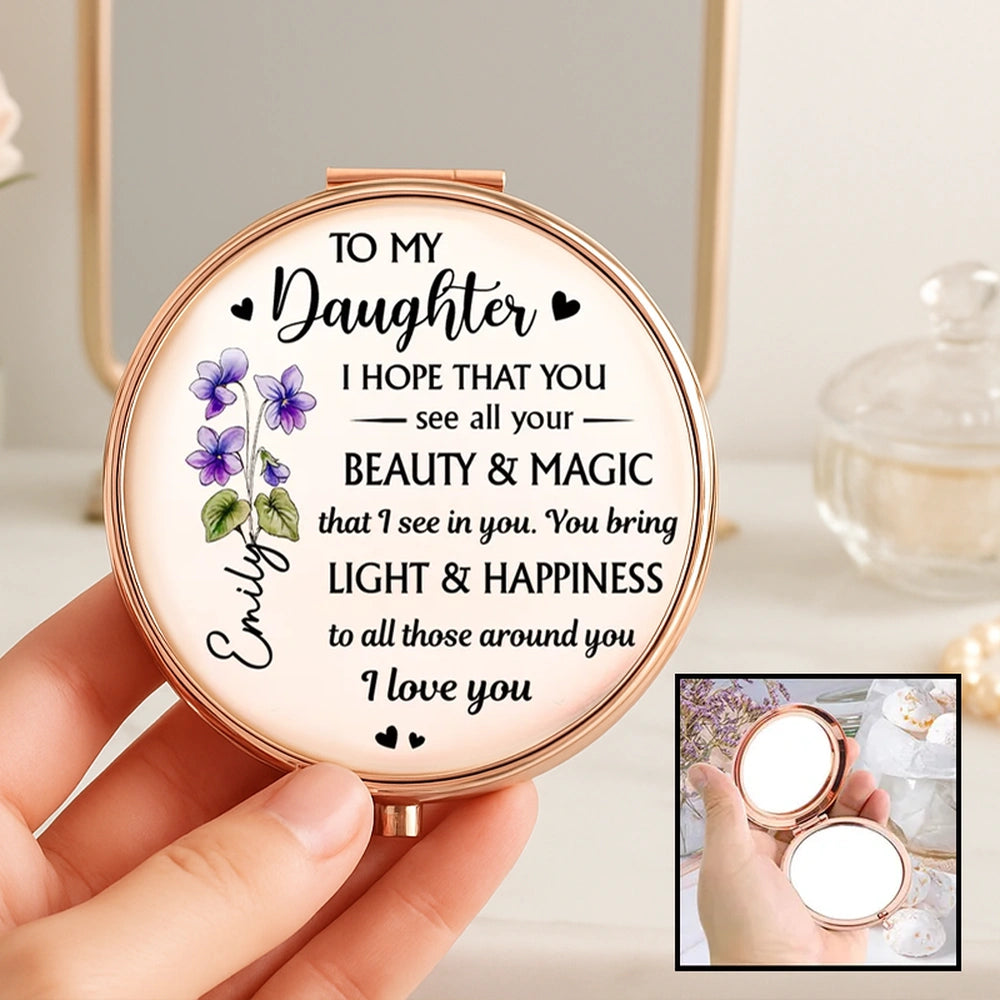 Personalized Metal Compact Mirror for Daughter, Beauty & Magic Quote with Floral Art, Unique Gift for Everyday Smiles