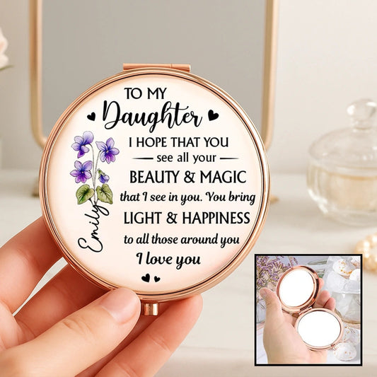 Personalized Metal Compact Mirror for Daughter, Beauty & Magic Quote with Floral Art, Unique Gift for Everyday Smiles