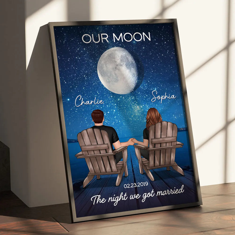 Personalized Moon Poster, Couple Holding Hands by the Ocean at Night, Unique Romantic Gift for Her or Him