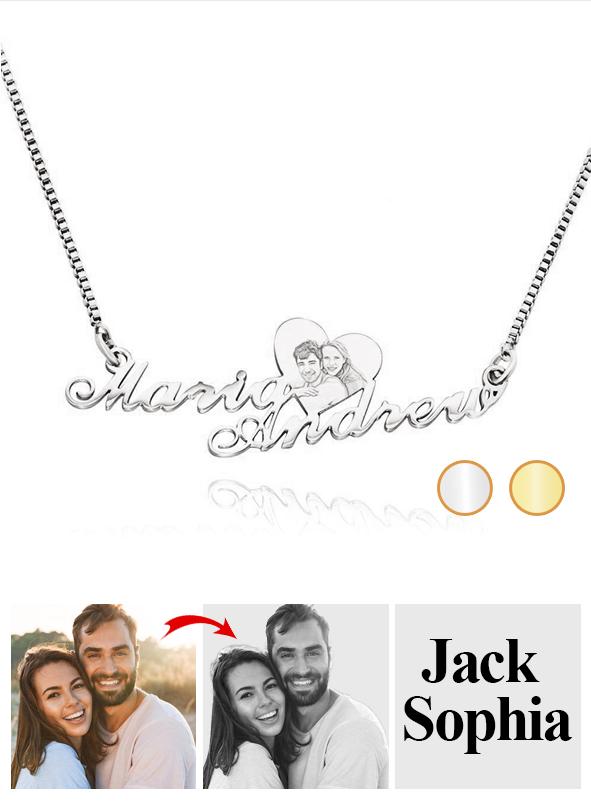Engraved Heart Photo With Names - Personalized Couple Engraved Heart Photo Necklace