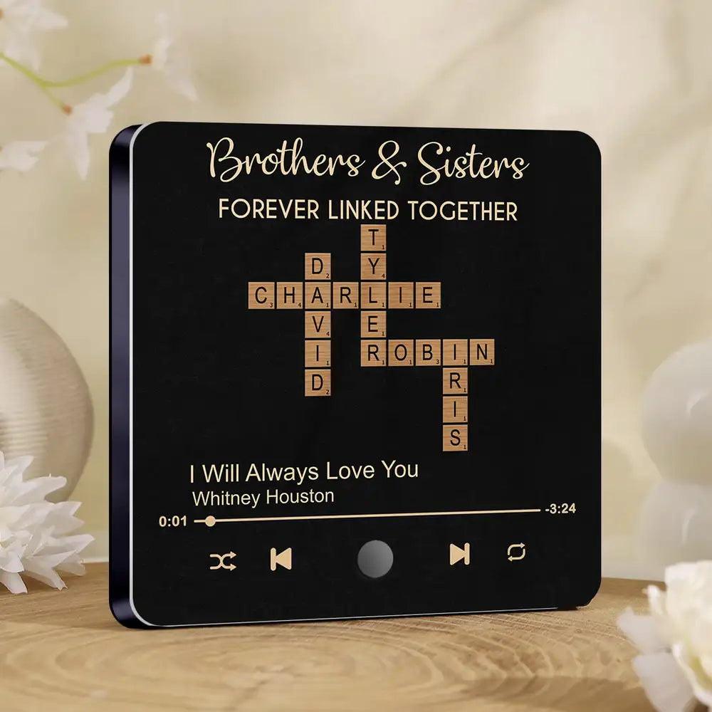 “Brothers & Sisters – Forever Linked” Acrylic Music Magnet – Crossword Names, Custom Song, Gift for Siblings