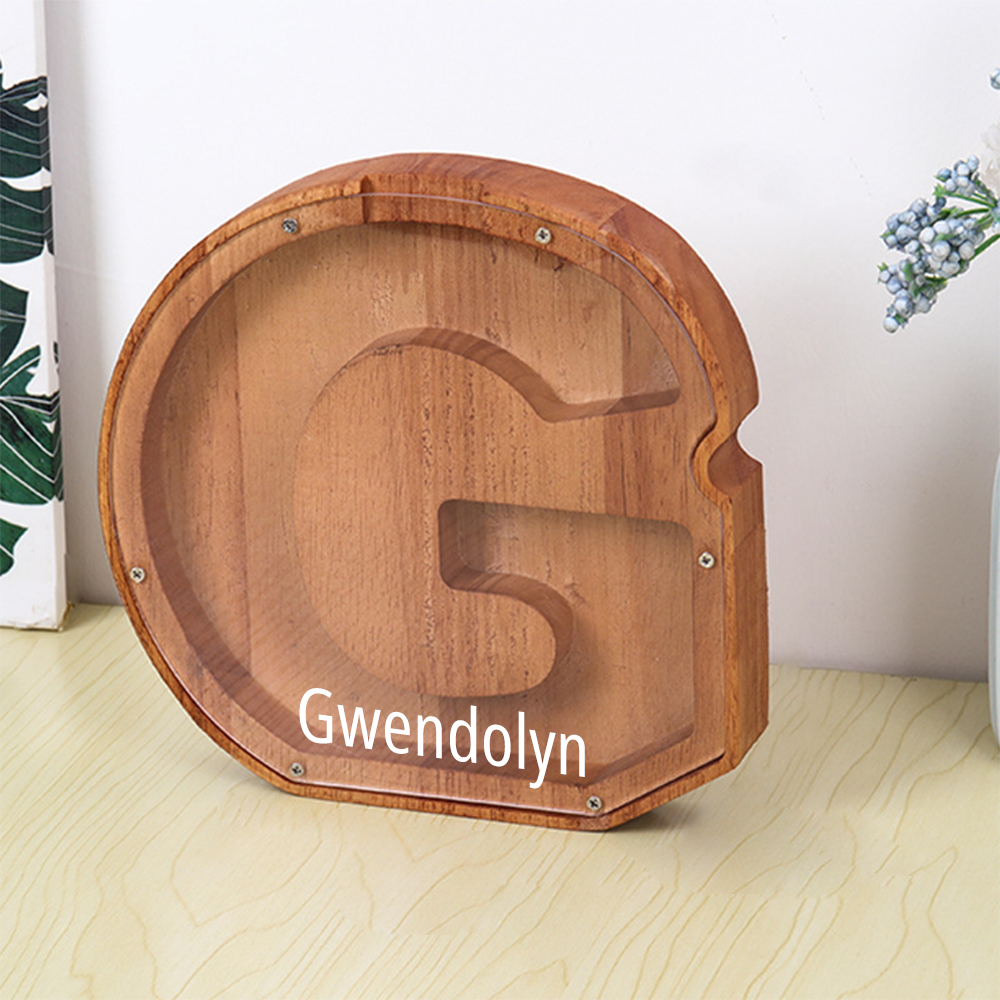 Custom Initial And Name - Personalized Letter And Name Brown Wooden Piggy Bank
