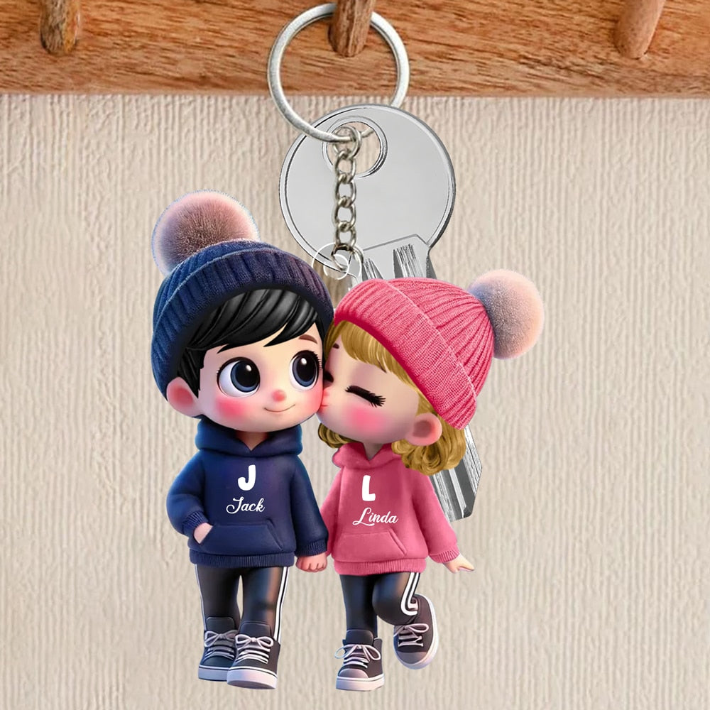 Cute Couple Cartoon Keychain – Capture Your Sweet Moments, Add Custom Names