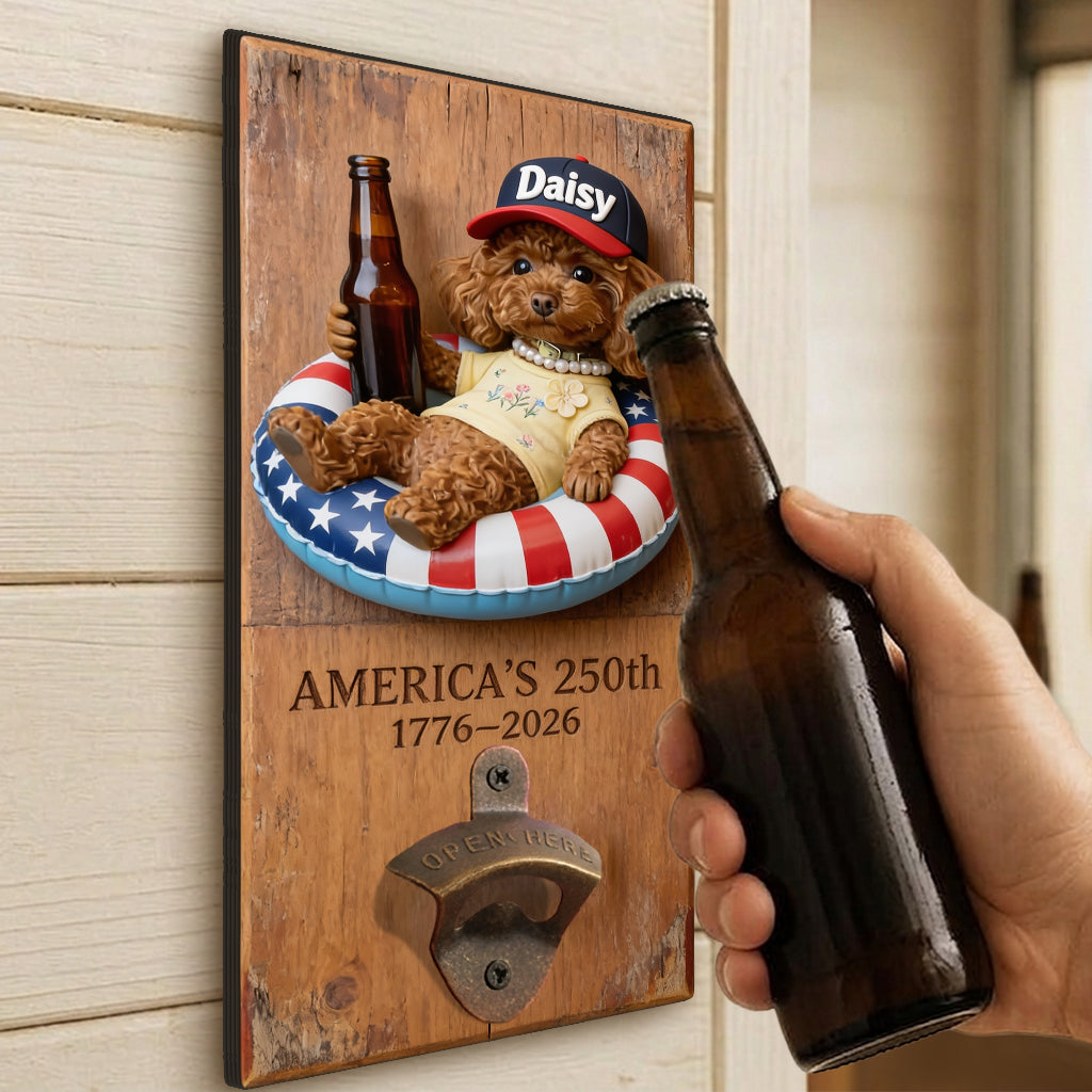 Dog With American Flag - Personalized Dog Wall Bottle Opener