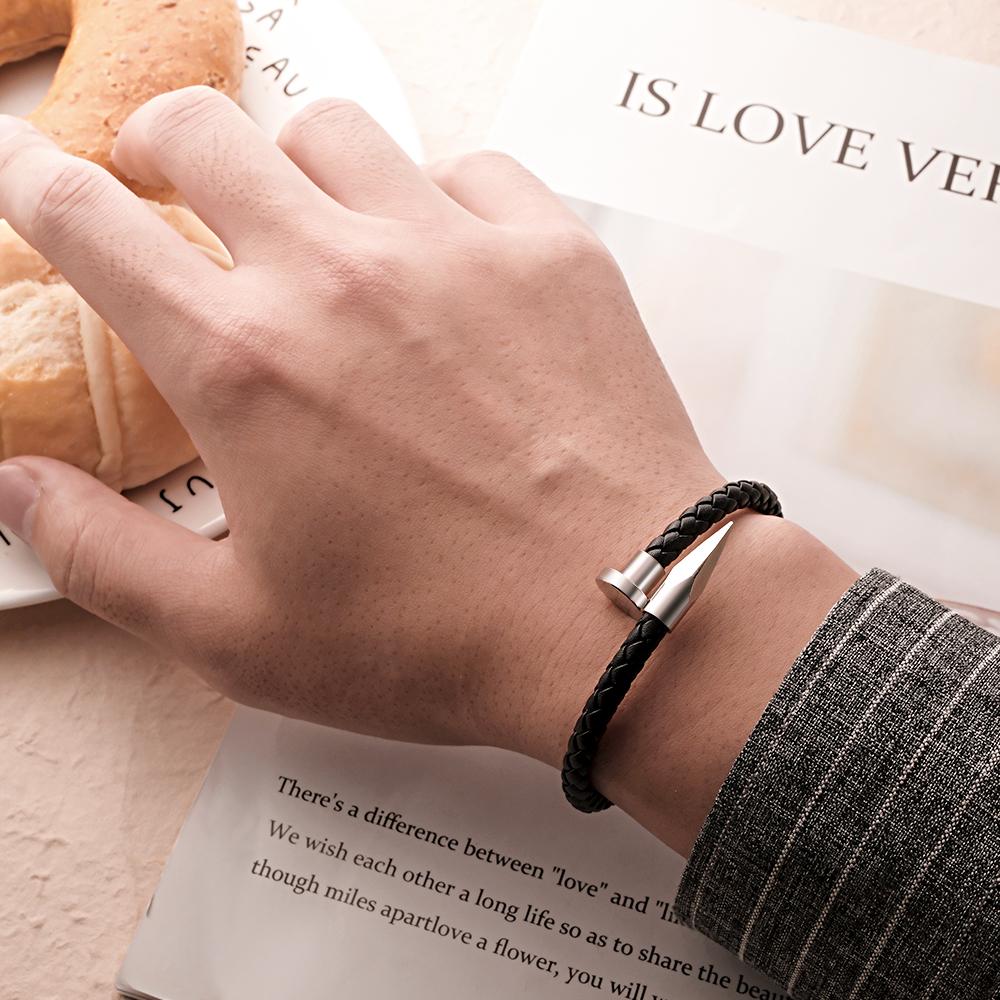 Any Name - Personalized Couple Engraved Leather Nail Bracelet