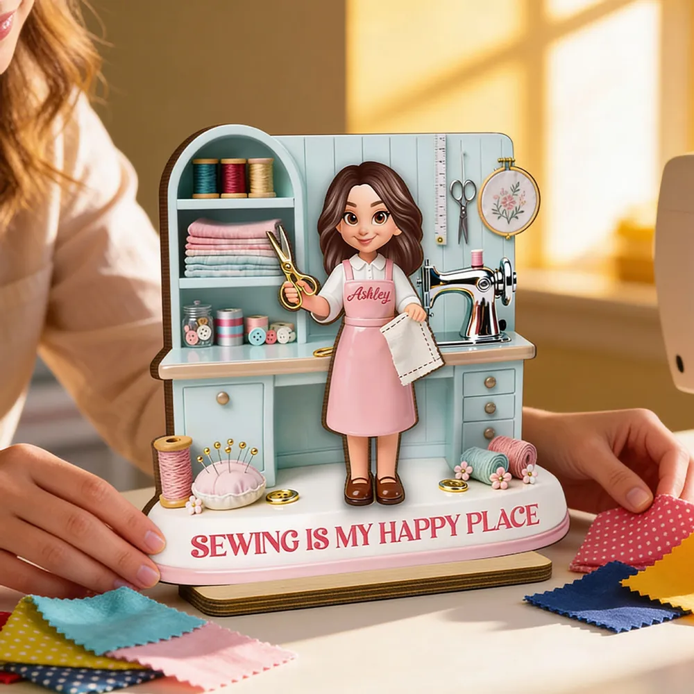 Personalized 2-Layer Wooden Plaque Sewing Is My Happy Place Cute Cartoon Sewing Room Scene, Unique Gift for Mom or Grandma