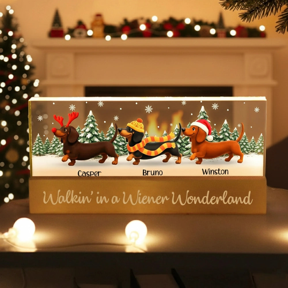 Personalized LED Light Plaque, Festive Dachshunds, Warm Glow, Snowy Christmas Scene, Creative Gift for Dog Lovers