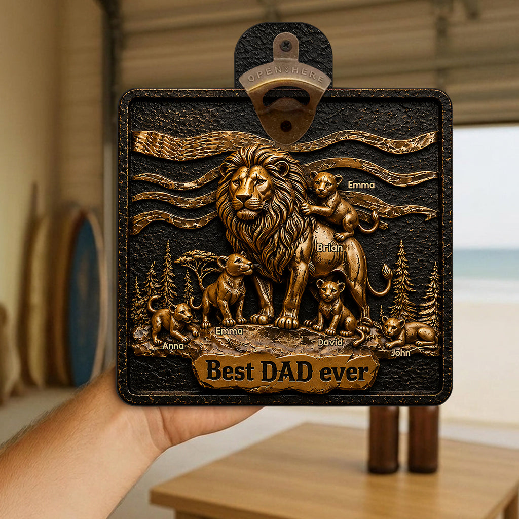 Lion Dad And Kids - Personalized Father Wall Bottle Opener