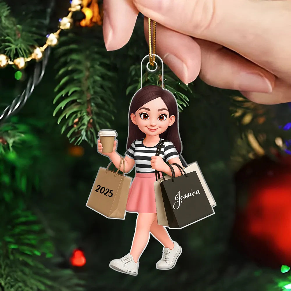 Ornament - Personalized Cute Shopper with Coffee, Cartoon, Easy to Hang, Unique Gift for Best Friend or Daughter