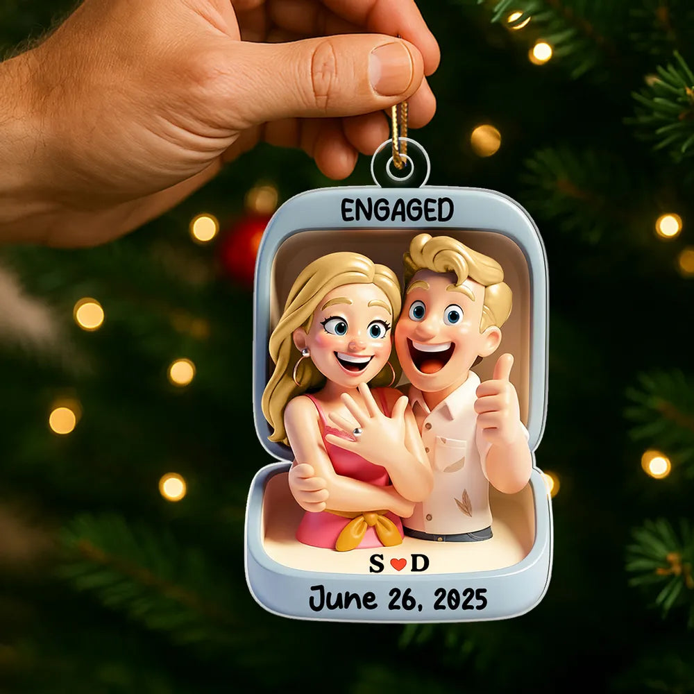 Acrylic Ornament With Engaged Couple Illustration Personalized Holiday Keepsake A Sweet Unique Gift For Couples