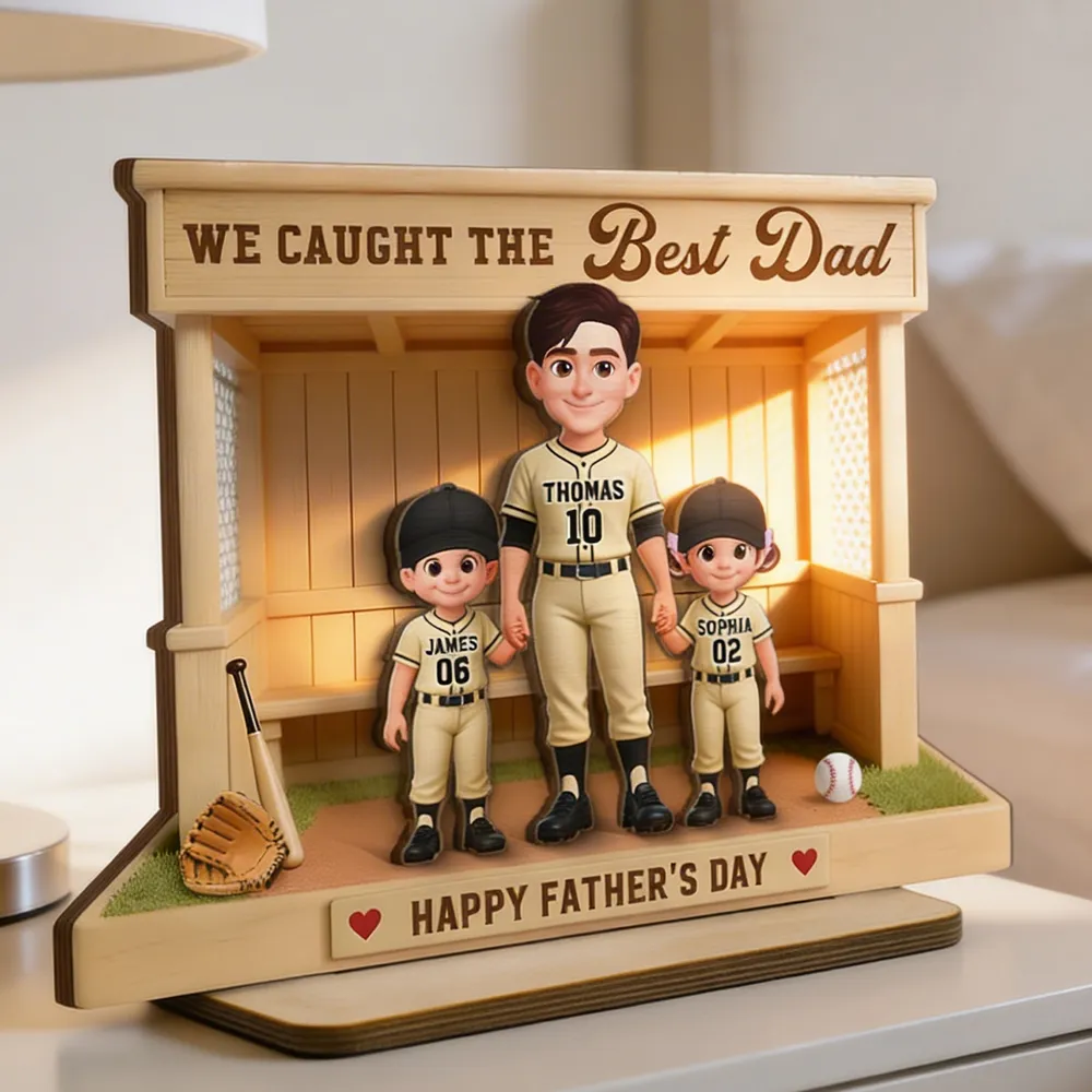 Personalized 2-Layer Wooden Plaque Baseball Dugout Dad and Kids Scene, Father's Day Gift with Heartfelt Message
