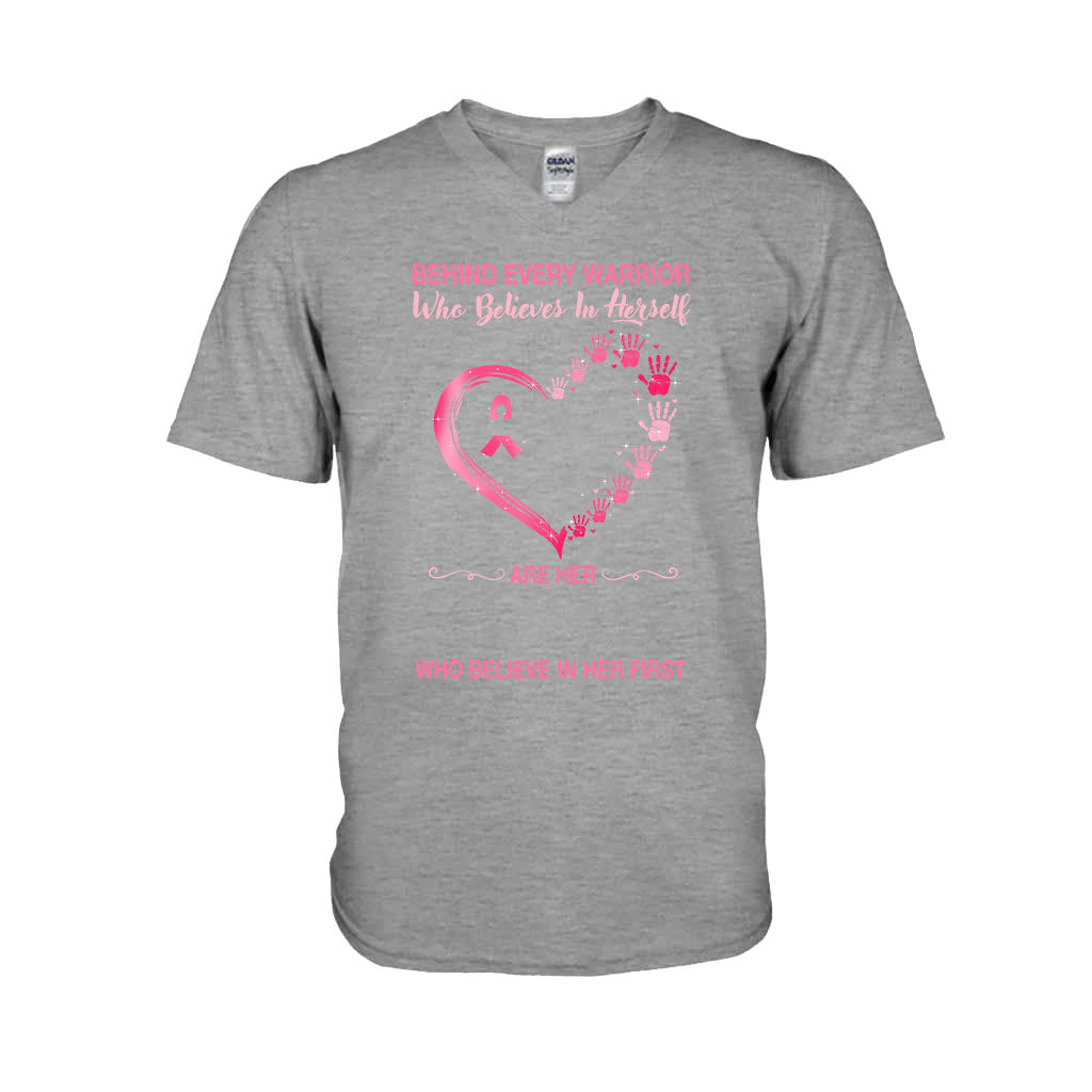 Behind Every Warrior Pink Heart Hand Prints - Breast Cancer Awareness Personalized T-shirt And Hoodie