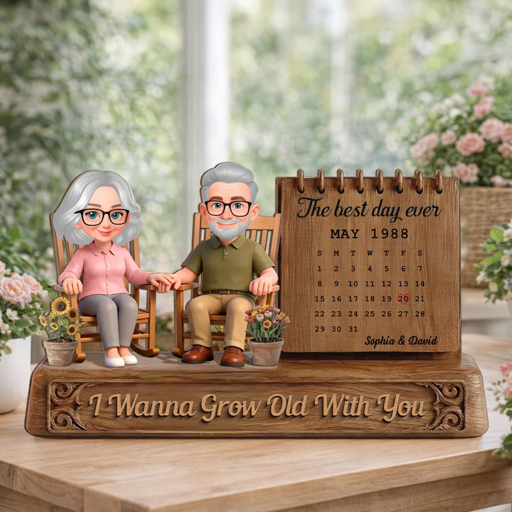 Personalized 2-Layer Wooden Plaque with Elderly Couple in Rocking Chairs and Calendar, Romantic Keepsake, Unique Gift for Wife or Husband