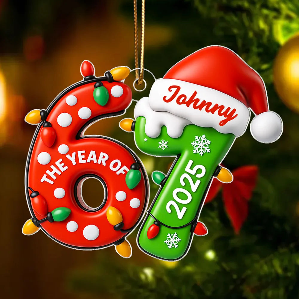 Custom Six Seven Acrylic Ornament for Christmas, Festive Santa Hat Design for Grandkids & Gen Alpha, Cute Keepsake Gift for Holiday Celebration