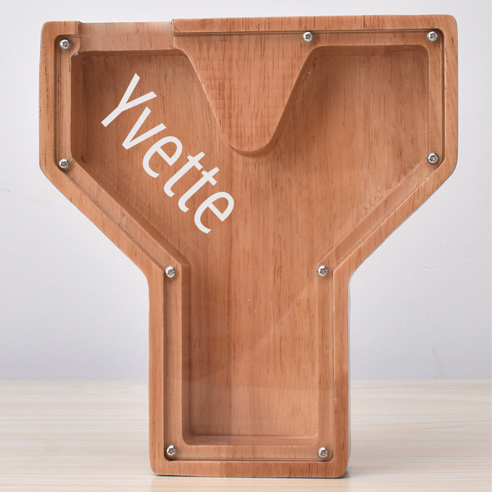 Custom Initial And Name - Personalized Letter And Name Oak Wooden Piggy Bank