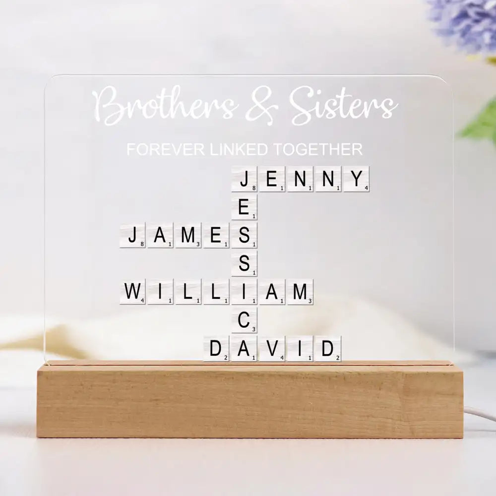 LED Light Plaque – Brothers & Sisters Crossword Names, “Forever Linked Together” Personalized Sibling Gift
