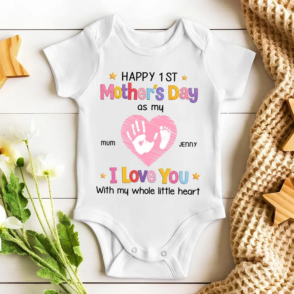 Short Sleeve Baby Onesie for Baby's First Mother's Day, Personalized Handprint Heart I Love You Design, Sweet Gift