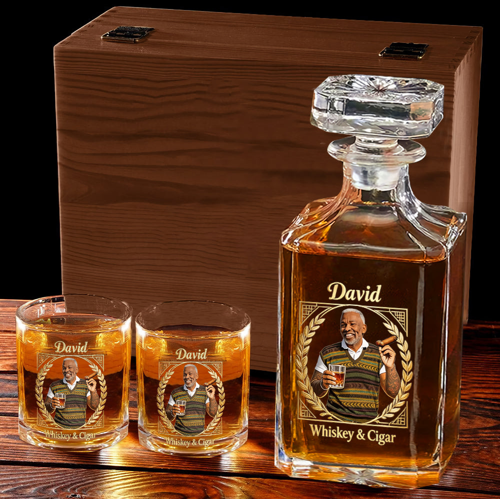 Custom Any Photo, Whiskey & Cigar - Personalized Whisky Whiskey Decanter Set