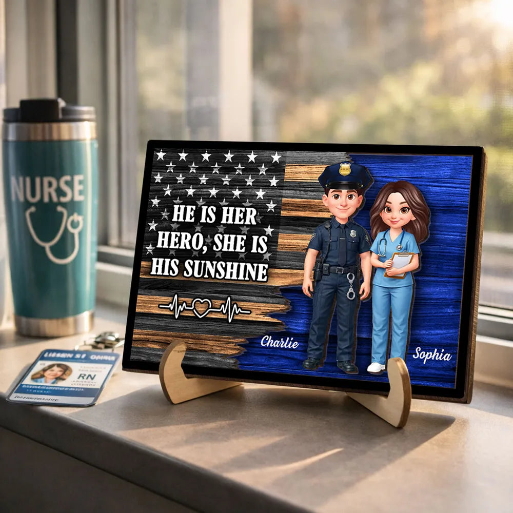 Personalized 2-Layer Wooden Plaque with Cute Cartoon Police Officer & Nurse on Thin Blue Line Flag - Unique Gift for Couples