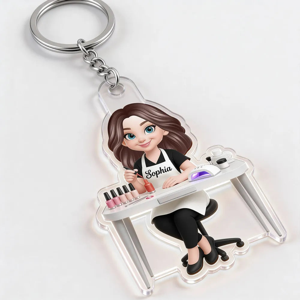 Personalized Nail Technician Acrylic Keychain, Cute Salon Desk Cartoon Charm, Unique Gift for Her
