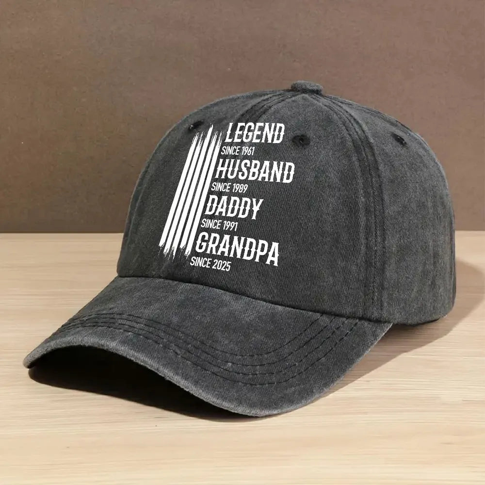 Personalized Washed Denim Baseball Cap 'Legend Husband Daddy Grandpa' Vintage Look Casual Gift for Dad