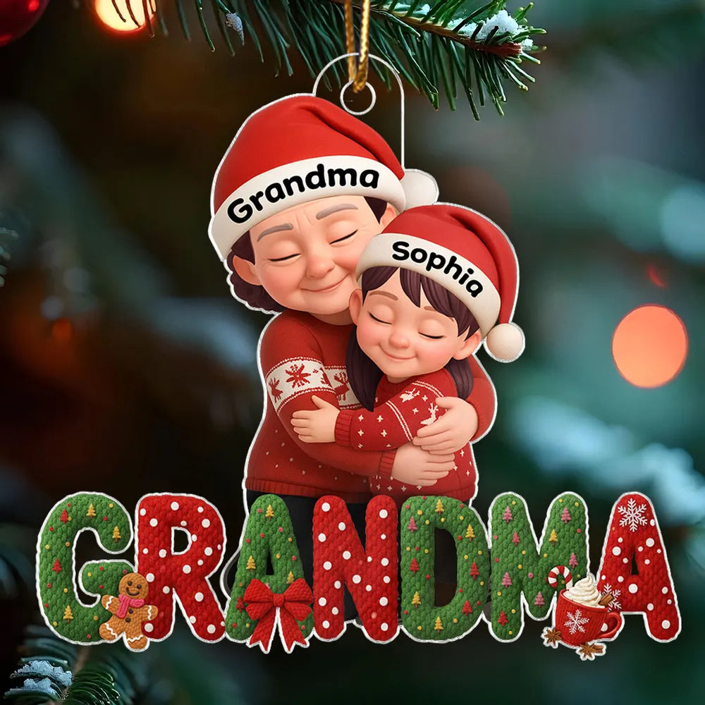 Personalized Acrylic Ornament for Grandma and Grandkids, Cozy Hugging Scene, Cute Christmas Tree Decor, Unique Holiday Gift