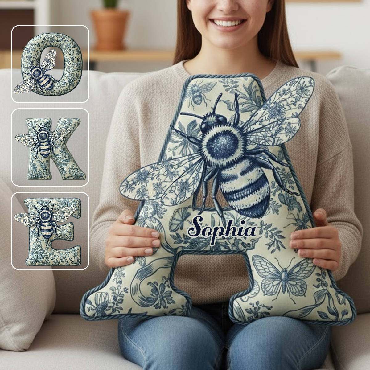 Bee Toile De Jouy - Personalized Bee Faux Fur Shaped Pillow