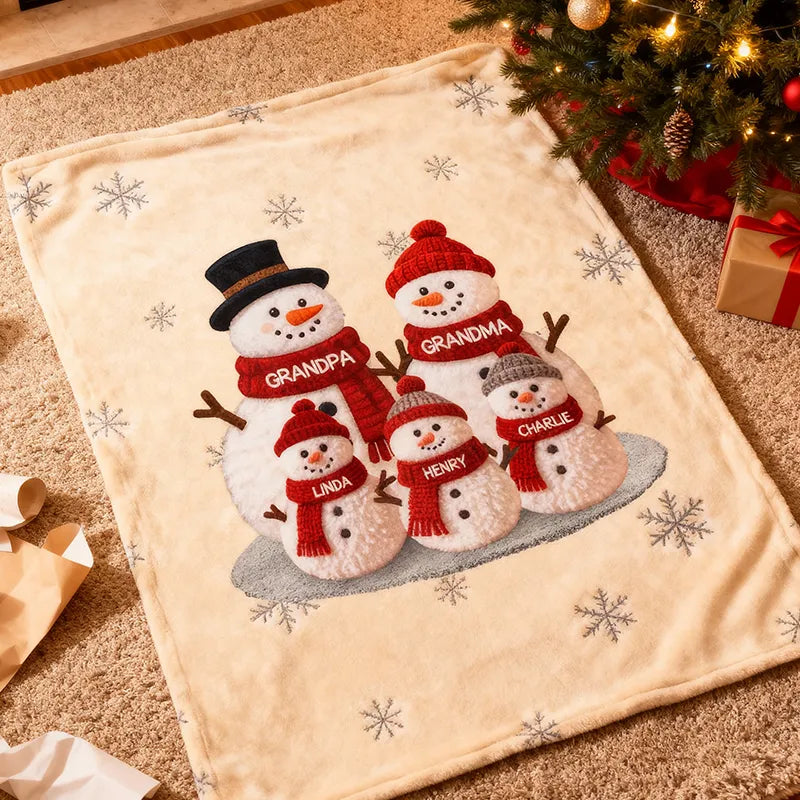 Custom Snowman Family Fleece Blanket, Snuggly Holiday Fleece for Grandma and Grandpa, Unique Personalized Christmas Gift