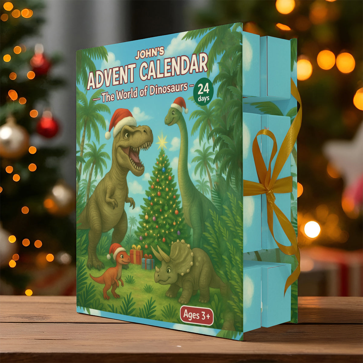 Dinosaur 2025 Advent Calendar - Personalized Dinosaur Folded Advent Calendar With Ornaments