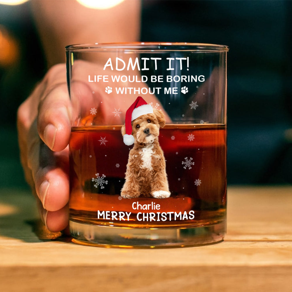 Custom Christmas Whiskey Glass with Cute Dog Illustration, Personalized Pet Lover Gift for Dad or Him, Fun Barware for Special Occasions