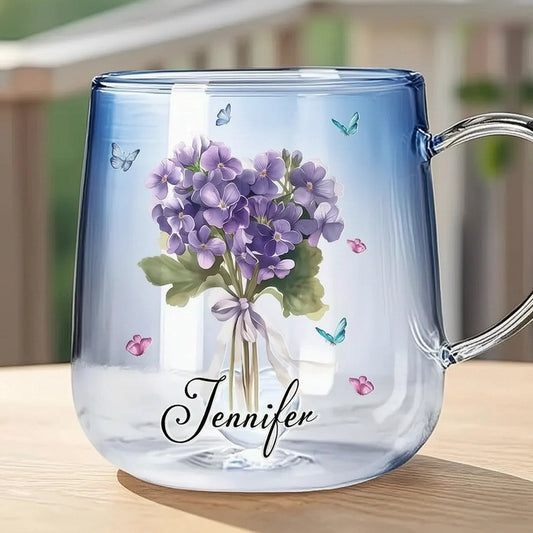 Blue Gradient Glass Mug with Floral Bouquet and Butterflies, Personalized Name Gift for Her, Everyday Coffee or Tea