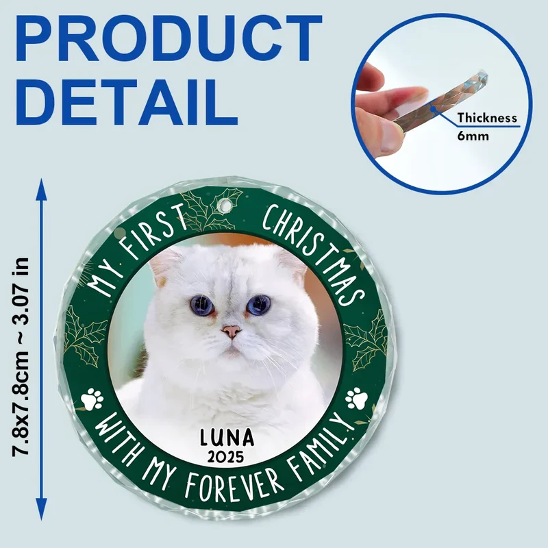 Crystal Ornament with Pet Photo, My First Christmas Circle Design in Green Holly, a Unique Gift for Pet Parents