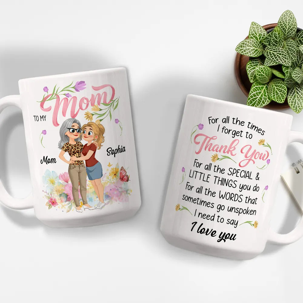 Personalized Ceramic Mug for Mom - Custom Hugging Mom and Daughter Design, Floral Thank You Quote, Unique Gift
