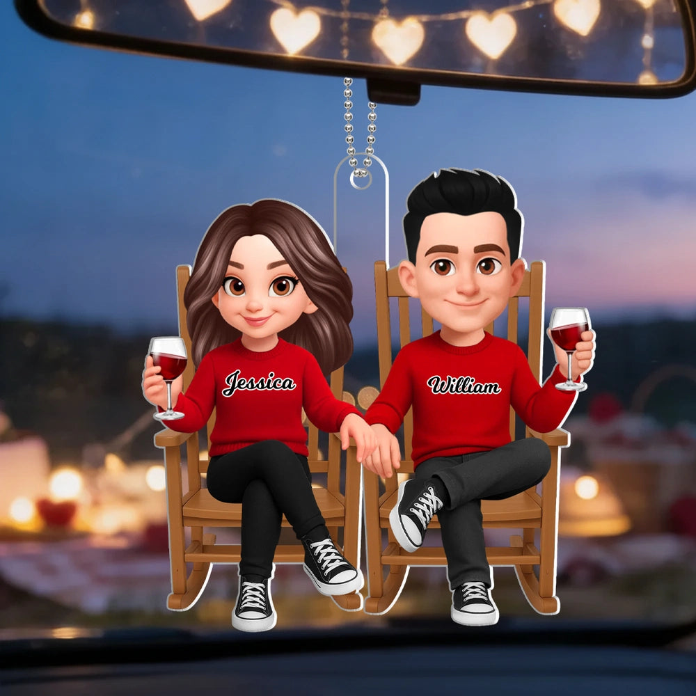 Personalized Acrylic Car Hanger Cute Cartoon Couple Toasting Wine Rearview Mirror Decor Unique Gift for Couples