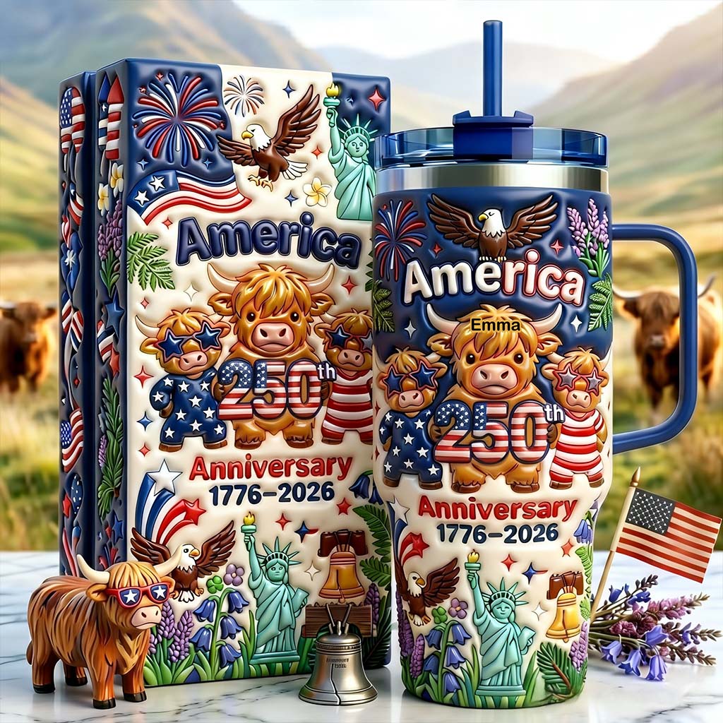 Cute Highland Cow America 250th Anniversary - Personalized Highland Cow Tumbler With Handle
