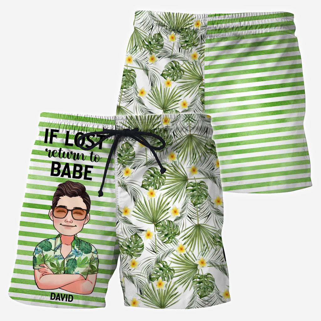 If Lost Return To Babe - Personalized Sea Lover Triangle Bikini Swimsuit And Men Shorts
