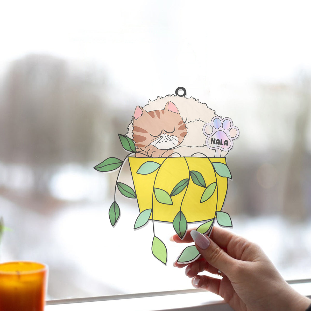 Chill Cat In A Flowerpot - Personalized Cat Window Hanging Suncatcher Ornament