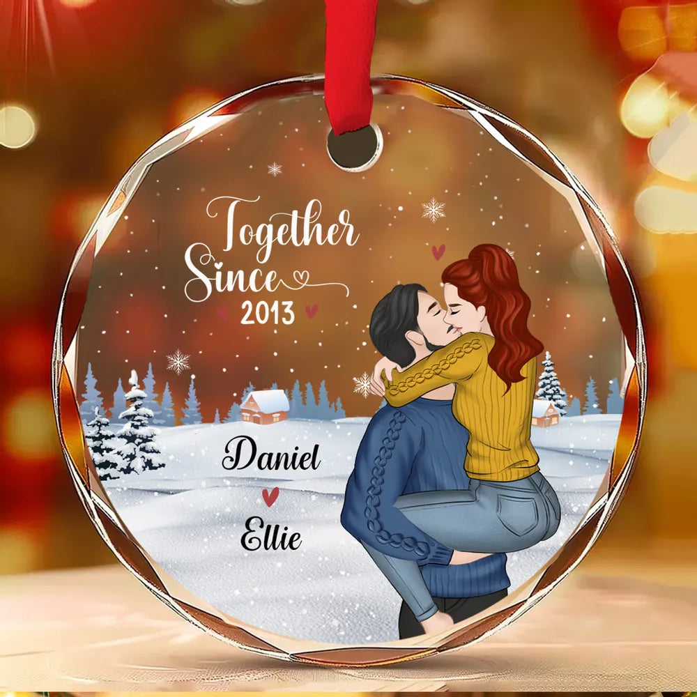 Crystal Ornament with Romantic Couple Illustration, Cozy Holiday Vibes, Perfect Gift for Couples