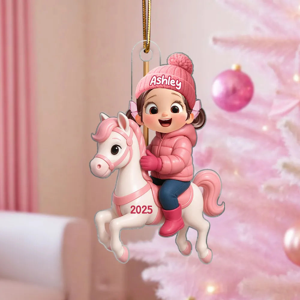 Girl Riding Horse Acrylic Ornament – Personalized Christmas Gift for Kids, Heartwarming Family House Keepsake