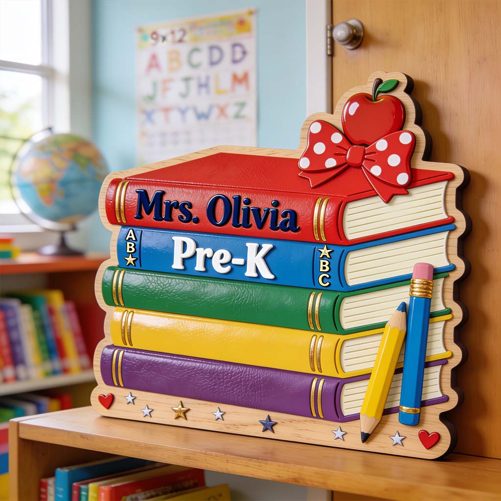 Book Stack - Personalized Teacher Custom Shaped Wood Sign