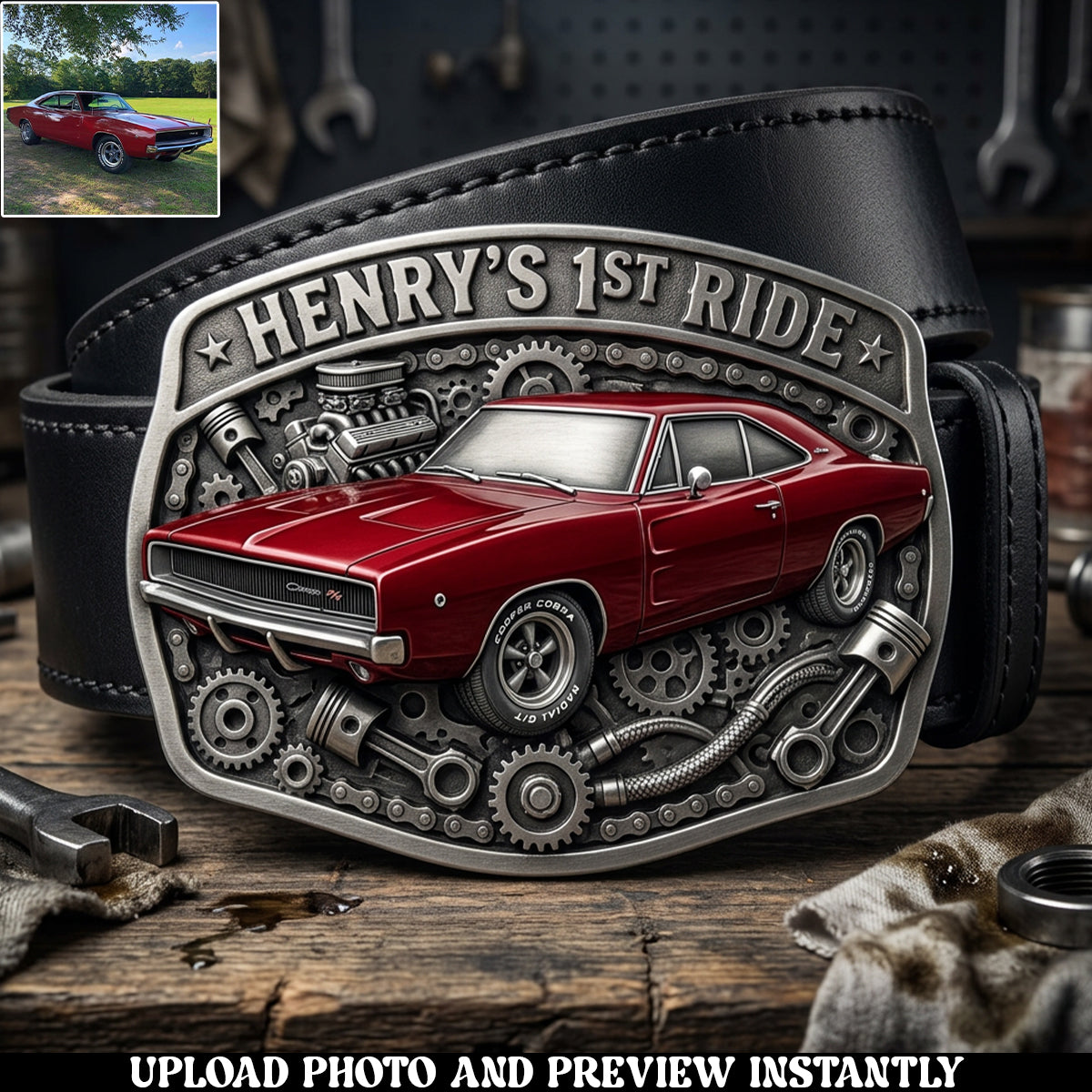 Custom From Any Photo - Personalized Car Lover Leather Belt With Shaped Buckle