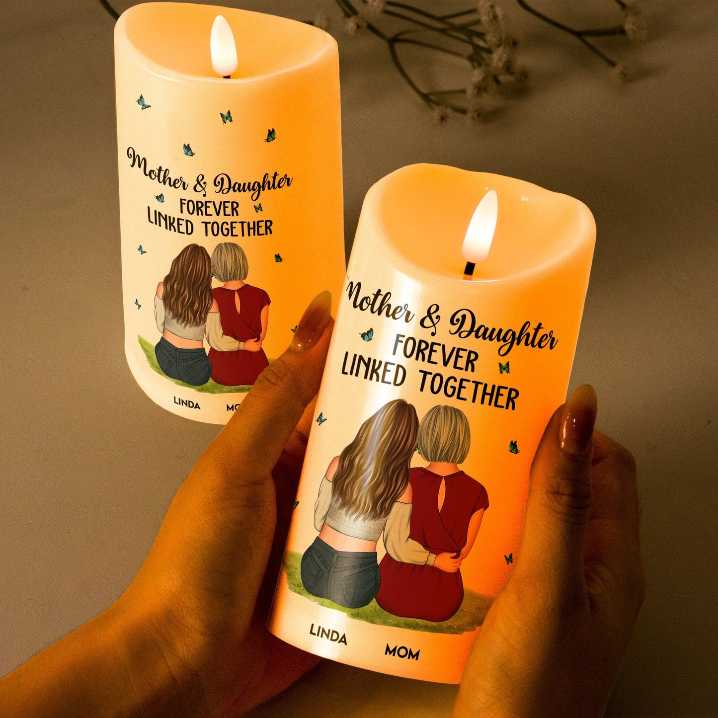 Flameless LED Candle – Mother & Daughter Back‑Hug Art, “Forever Linked Together” Personalized Light